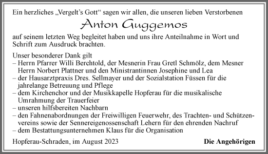 Traueranzeige von Anton Guggemos von Allgäuer Zeitung, Füssen