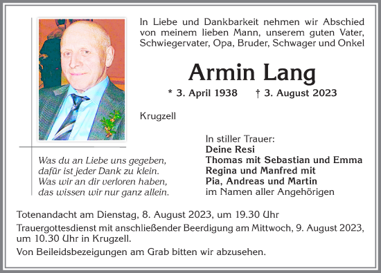 Traueranzeige von Armin Lang von Allgäuer Zeitung,Kempten