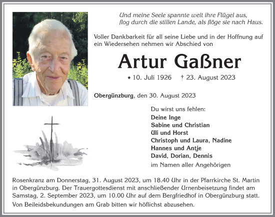 Traueranzeige von Artur Gaßner von Allgäuer Zeitung, Marktoberdorf