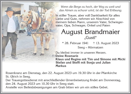 Traueranzeige von August Brandmaier von Allgäuer Zeitung, Marktoberdorf