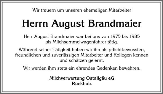 Traueranzeige von August Brandmaier von Allgäuer Zeitung, Füssen