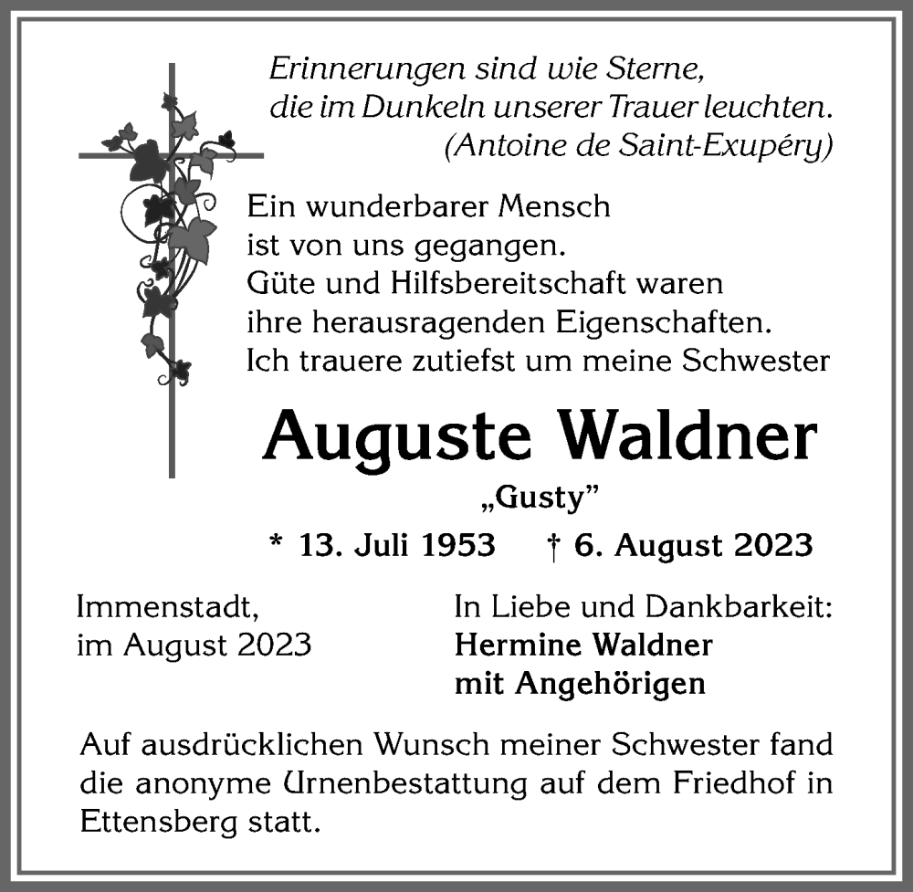  Traueranzeige für Auguste Waldner vom 19.08.2023 aus Allgäuer Anzeigeblatt