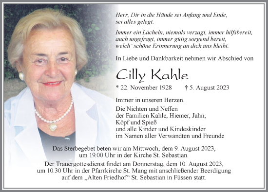 Traueranzeige von Cilly Kahle von Allgäuer Zeitung, Füssen