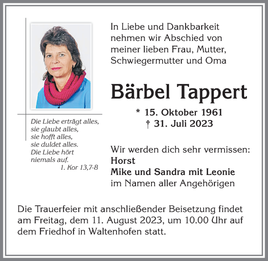 Traueranzeige von Bärbel Tappert von Allgäuer Zeitung,Kempten