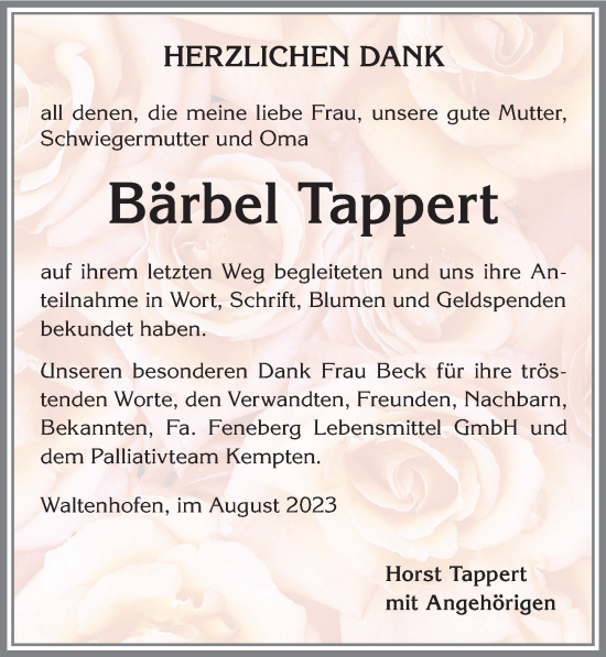 Traueranzeige von Bärbel Tappert von Allgäuer Zeitung,Kempten