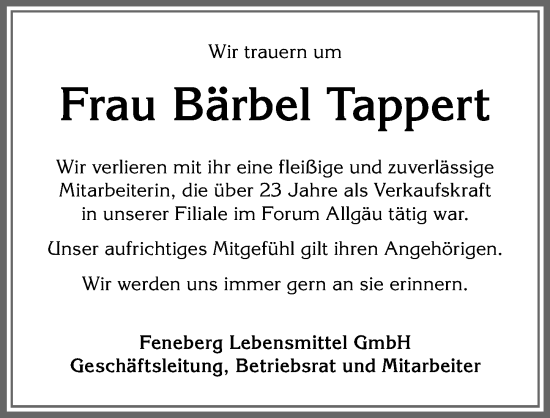 Traueranzeige von Bärbel Tappert von Allgäuer Zeitung,Kempten