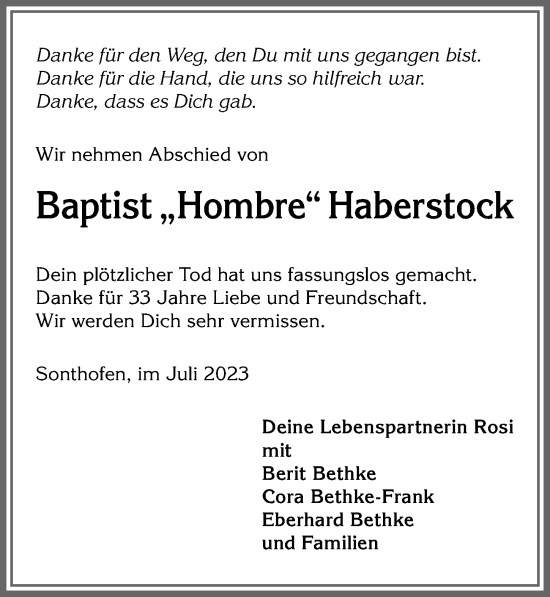 Traueranzeige von Baptist Haberstock von Allgäuer Anzeigeblatt