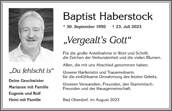Traueranzeige von Baptist Haberstock von Allgäuer Anzeigeblatt