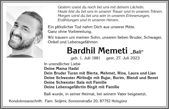 Traueranzeige von Bardhil Memeti von Memminger Zeitung