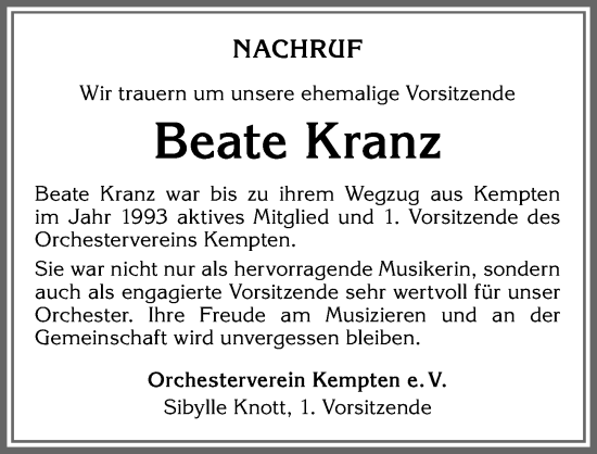 Traueranzeige von Beate Kranz von Allgäuer Zeitung,Kempten