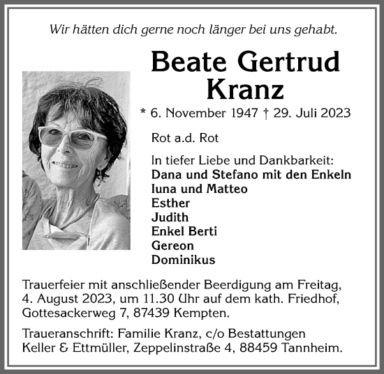 Traueranzeige von Beate Gertrud Kranz von Allgäuer Zeitung,Kempten