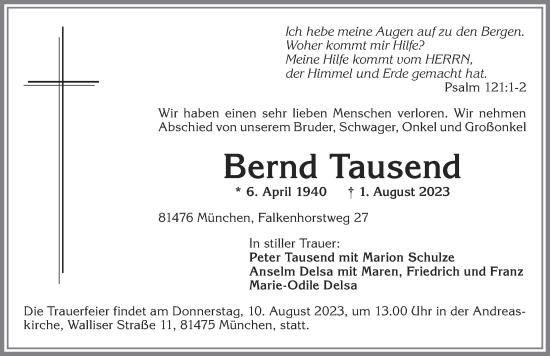 Traueranzeige von Bernd Tausend von Allgäuer Anzeigeblatt