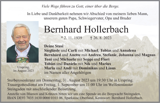 Traueranzeige von Bernhard Hollerbach von Allgäuer Zeitung, Füssen