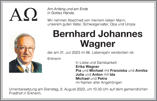 Traueranzeige von Bernhard Wagner von Memminger Zeitung