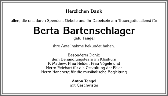 Traueranzeige von Berta Bartenschlager von Allgäuer Zeitung,Kempten