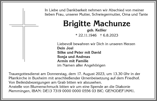 Traueranzeige von Brigitte Machunze von Memminger Zeitung
