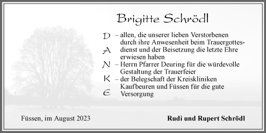 Traueranzeige von Brigitte Schrödl von Allgäuer Zeitung, Füssen