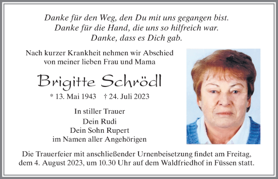 Traueranzeige von Brigitte Schrödl von Allgäuer Zeitung, Füssen