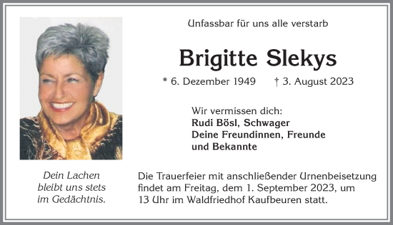 Traueranzeige von Brigitte Slekys von Allgäuer Zeitung, Kaufbeuren/Buchloe