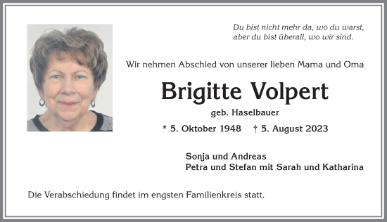 Traueranzeige von Brigitte Volpert von Allgäuer Anzeigeblatt