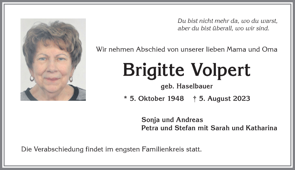  Traueranzeige für Brigitte Volpert vom 12.08.2023 aus Allgäuer Anzeigeblatt