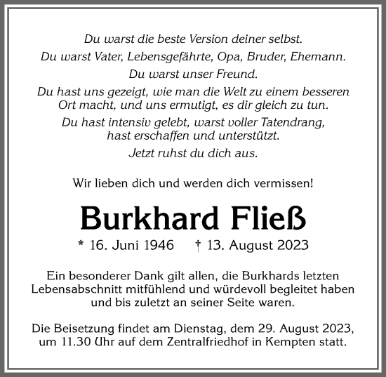 Traueranzeige von Burkhard Fließ von Allgäuer Zeitung,Kempten