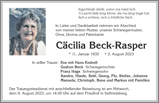 Traueranzeige von Cäcilia Beck-Rasper von Allgäuer Anzeigeblatt