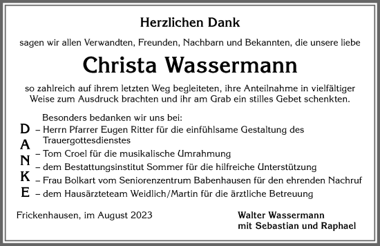 Traueranzeige von Christa Wassermann von Illertisser Zeitung, Augsburger Allgemeine