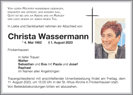 Traueranzeige von Christa Wassermann von Illertisser Zeitung, Augsburger Allgemeine