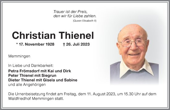 Traueranzeige von Christian Thienel von Memminger Zeitung
