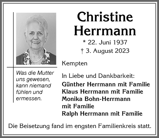 Traueranzeige von Christine Herrmann von Allgäuer Zeitung,Kempten