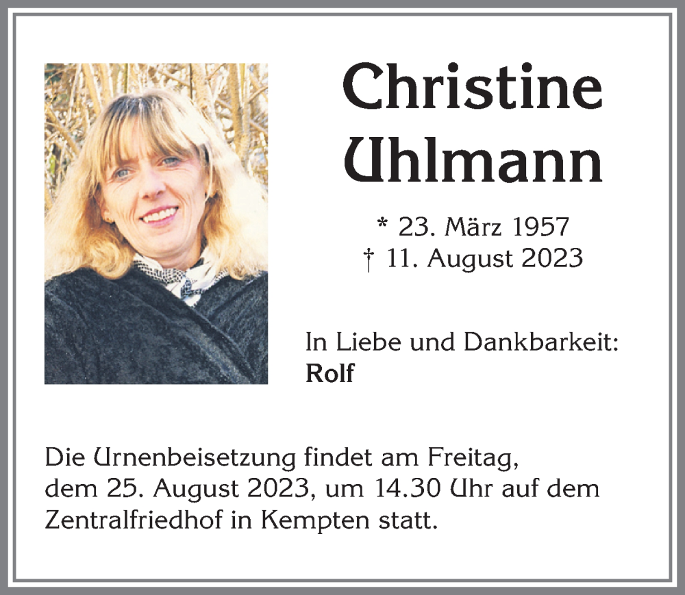  Traueranzeige für Christine Uhlmann vom 19.08.2023 aus Allgäuer Zeitung,Kempten