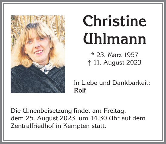 Traueranzeige von Christine Uhlmann von Allgäuer Zeitung,Kempten