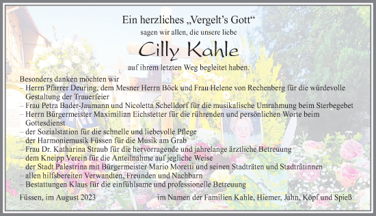 Traueranzeige von Cilly Kahle von Allgäuer Zeitung, Füssen