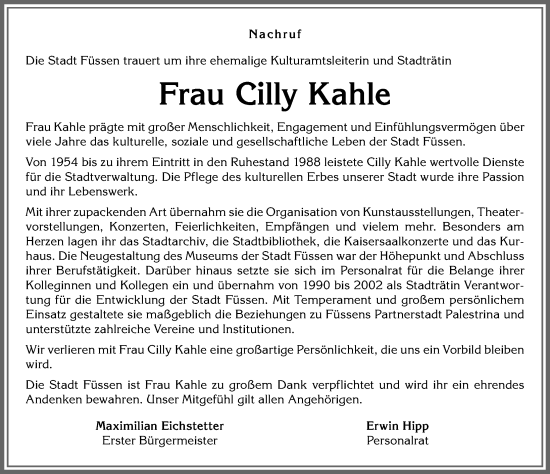 Traueranzeige von Cilly Kahle von Allgäuer Zeitung, Füssen