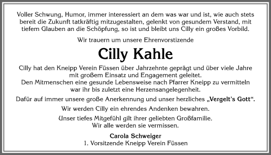 Traueranzeige von Cilly Kahle von Allgäuer Zeitung, Füssen