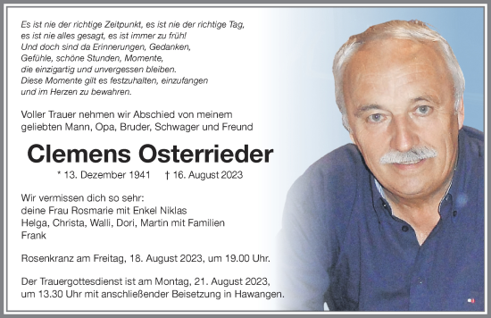 Traueranzeige von Clemens Osterrieder von Memminger Zeitung