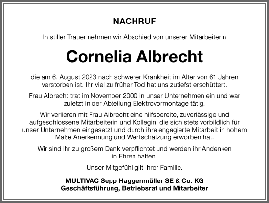 Traueranzeige von Cornelia Albrecht von Allgäuer Zeitung,Kempten
