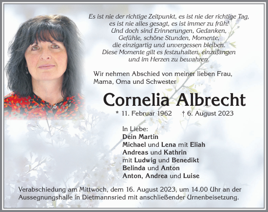 Traueranzeige von Cornelia Albrecht von Allgäuer Zeitung,Kempten