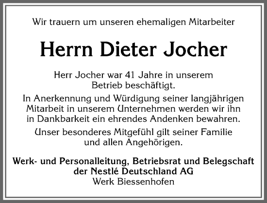 Traueranzeige von Dieter Jocher von Allgäuer Zeitung, Marktoberdorf