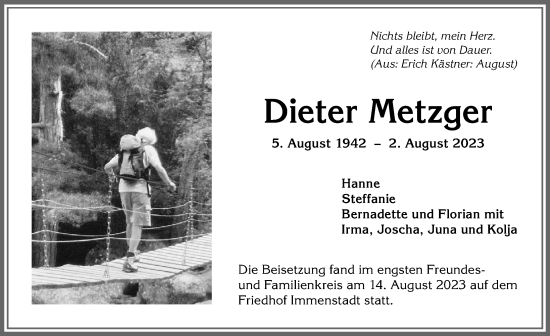 Traueranzeige von Dieter Metzger von Allgäuer Anzeigeblatt