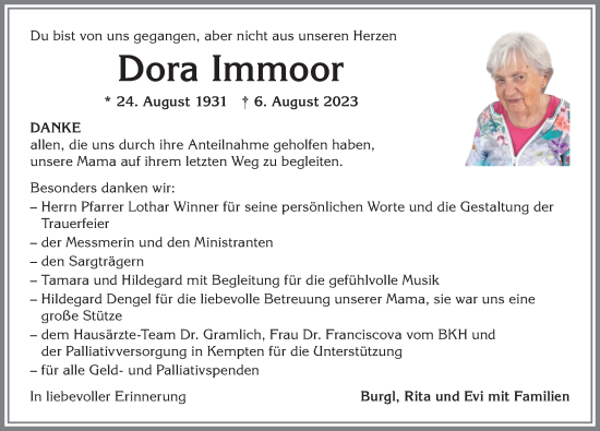 Traueranzeige von Dora Immoor von Allgäuer Anzeigeblatt