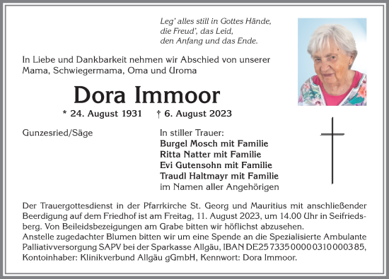 Traueranzeige von Dora Immoor von Allgäuer Anzeigeblatt