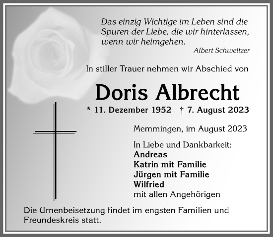 Traueranzeige von Doris Albrecht von Memminger Zeitung