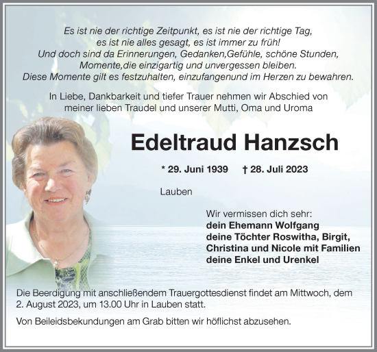 Traueranzeige von Edeltraud Hanzsch von Memminger Zeitung