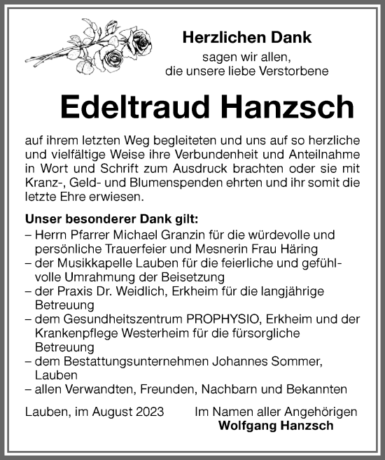 Traueranzeige von Edeltraud Hanzsch von Memminger Zeitung