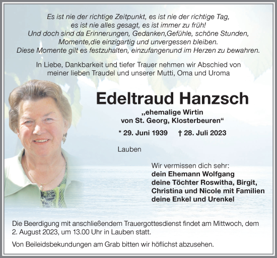 Traueranzeige von Edeltraud Hanzsch von Illertisser Zeitung, Augsburger Allgemeine