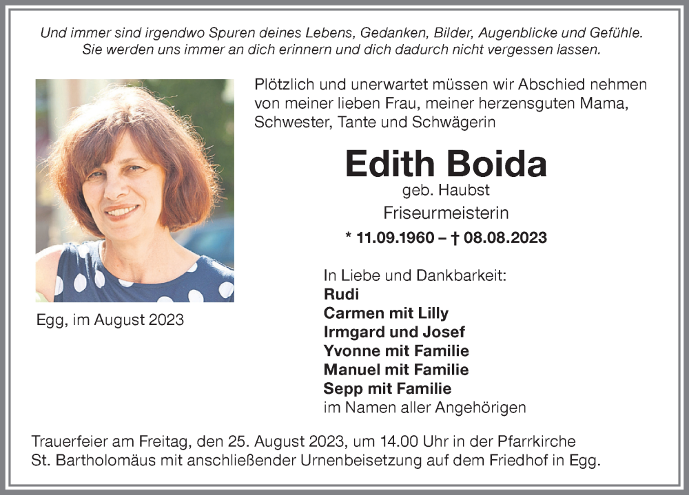  Traueranzeige für Edith Boida vom 23.08.2023 aus Memminger Zeitung