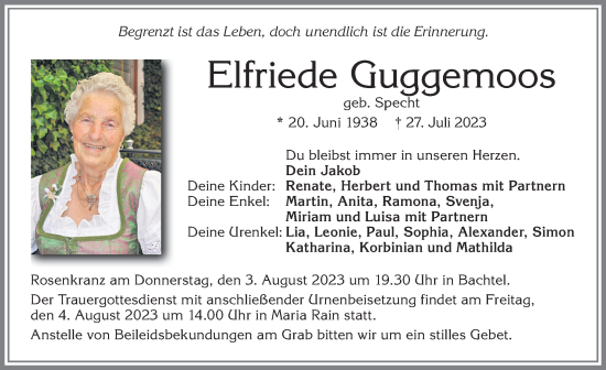Traueranzeige von Elfriede Guggemoos von Allgäuer Zeitung,Kempten