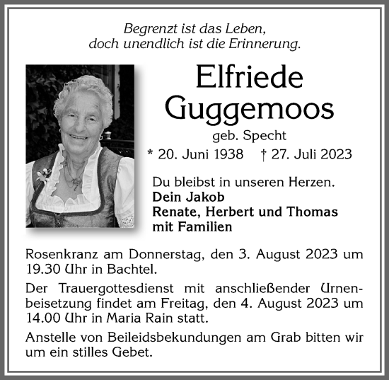 Traueranzeige von Elfriede Guggemoos von Allgäuer Zeitung, Füssen